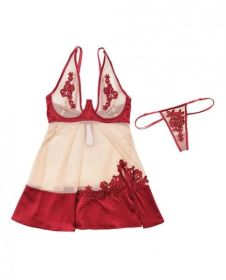 Nylon, Satin Babydoll Underwire Cups &amp; G-String Red Nude 1X/2X